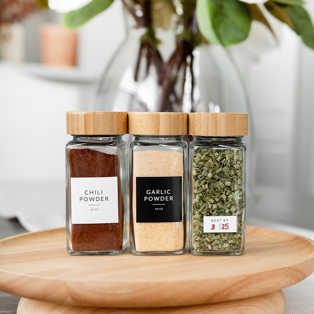 Glass Spice Jars with Bamboo Lids & Labels – 24 Pack