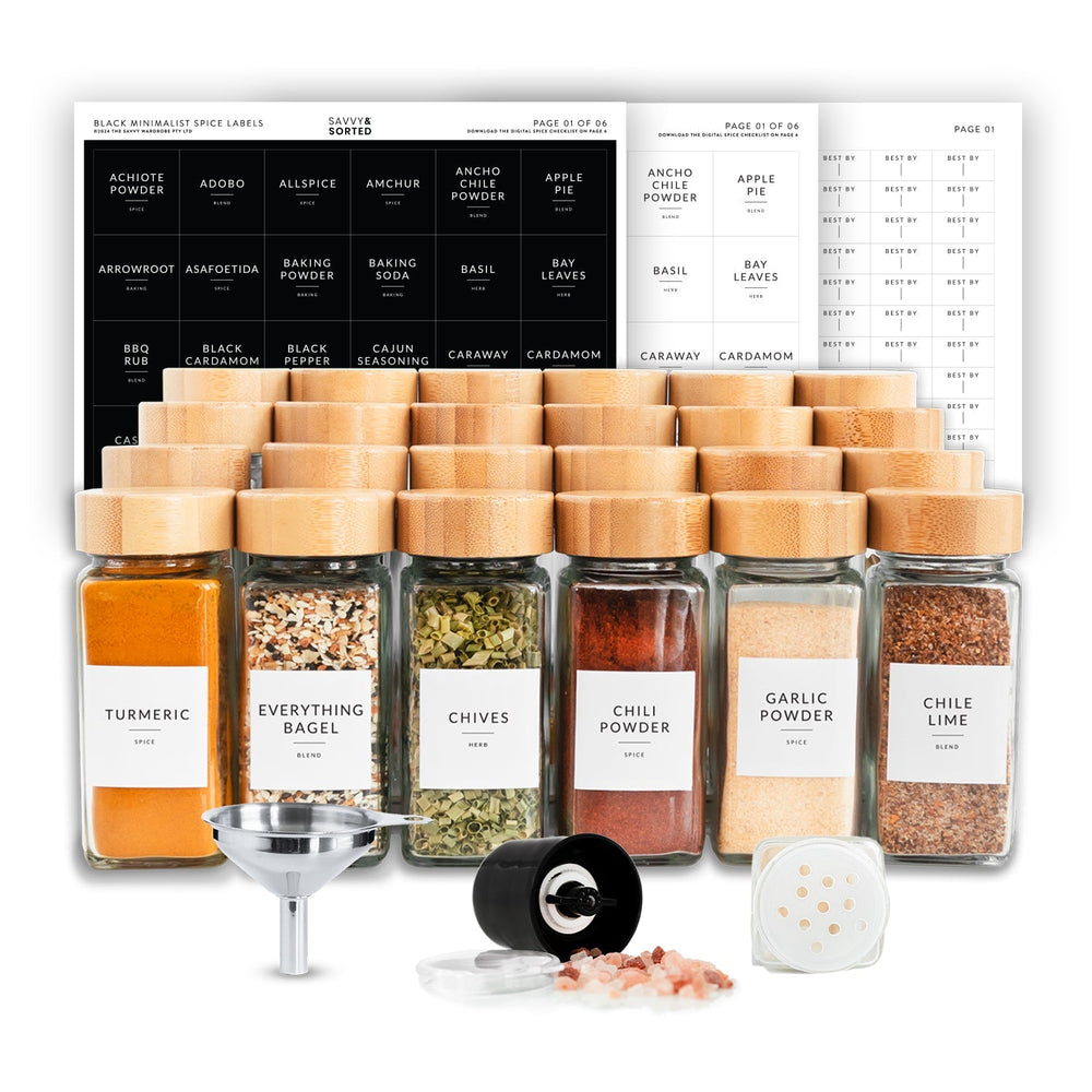 Glass Spice Jars with Bamboo Lids & Labels – 24 Pack