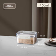 Clear storage container with measurement details on a neutral background
