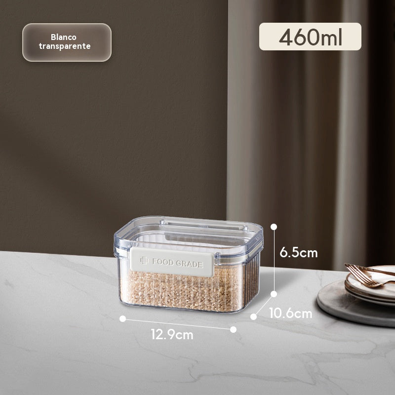 Clear storage container with measurement details on a neutral background