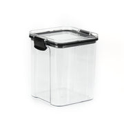Clear storage container with black lid on a white background