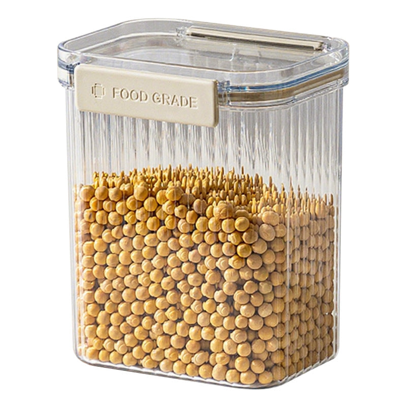 Clear container with food-grade label filled with yellow pellets on a white background