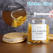 Glass jar with flour labeled 'All Purpose Flour' on a wooden surface, with a digital scale measuring the glass thickness.