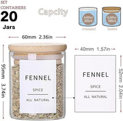 Glass jar with wooden lid labeled 'Fennel Spice' and measurements on a white background