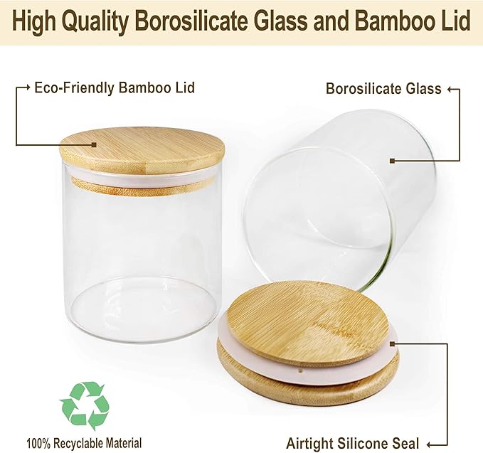 Glass container with bamboo lid and features highlighted on a white background