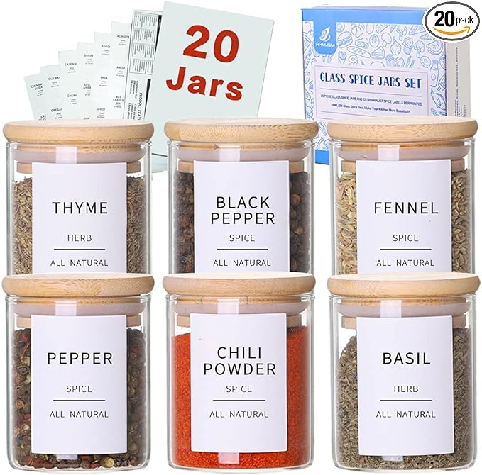 Glass Spice Jars with Bamboo Lids – 20pc Set