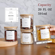 Set of glass jars with wooden lids on a wooden surface, containing different types of food items.