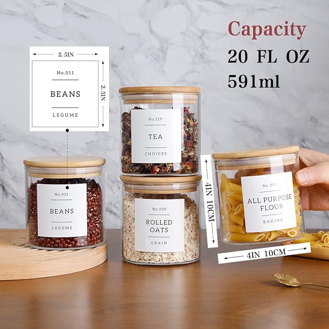 Set of glass jars with wooden lids on a wooden surface, containing different types of food items.