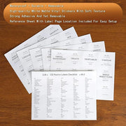 Set of pantry labels on a wooden surface with text describing the product features.