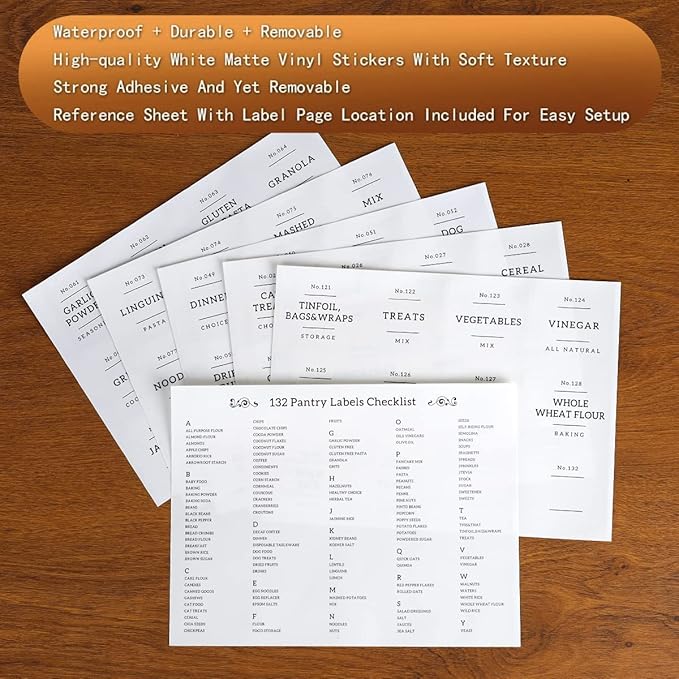 Set of pantry labels on a wooden surface with text describing the product features.