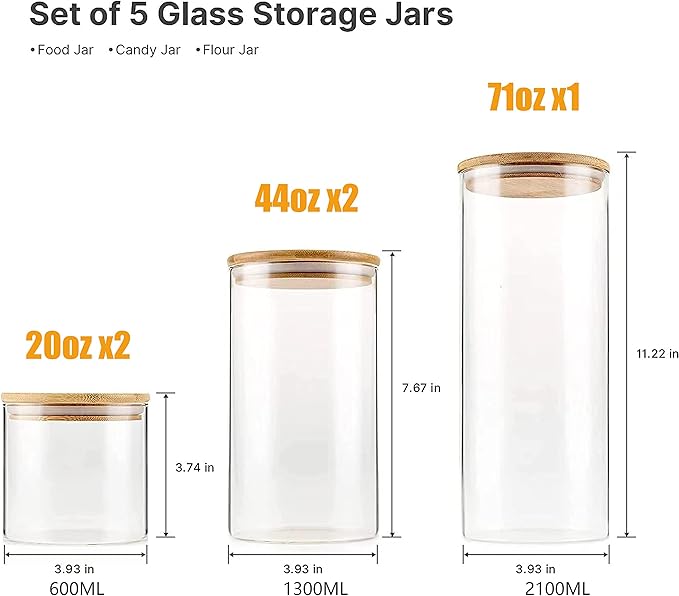 Glass Storage Jars with Bamboo Lids – Set of 5