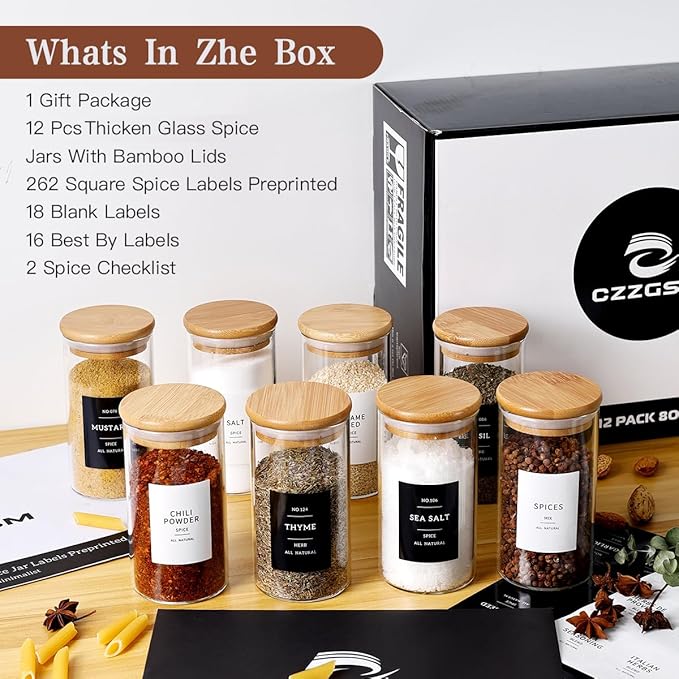 Glass Spice Jar Set – 12 Pieces with Labels