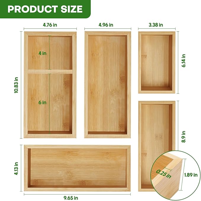 Bamboo Drawer Organizer Set – 5pc