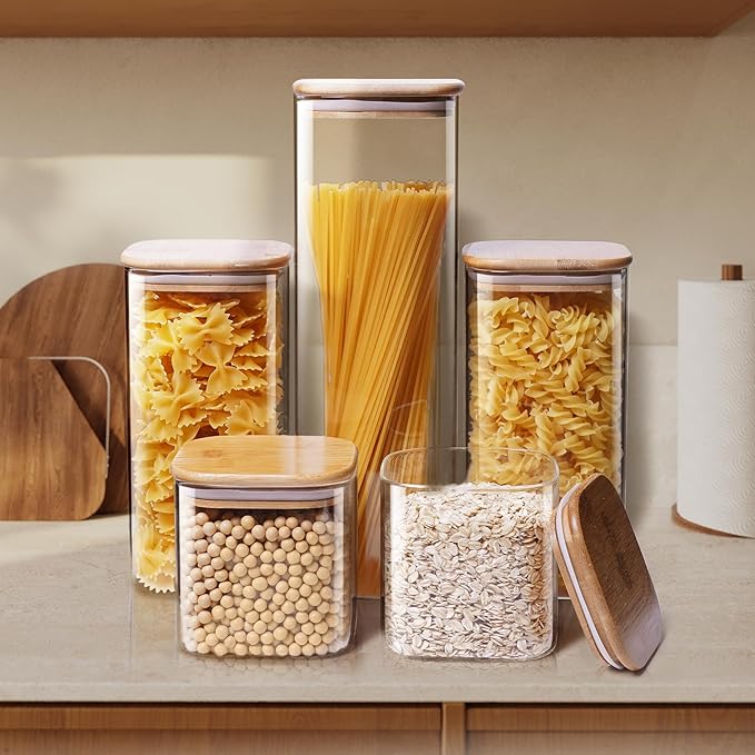 Square Glass Jars with Bamboo Lids – Mixed Set of 5
