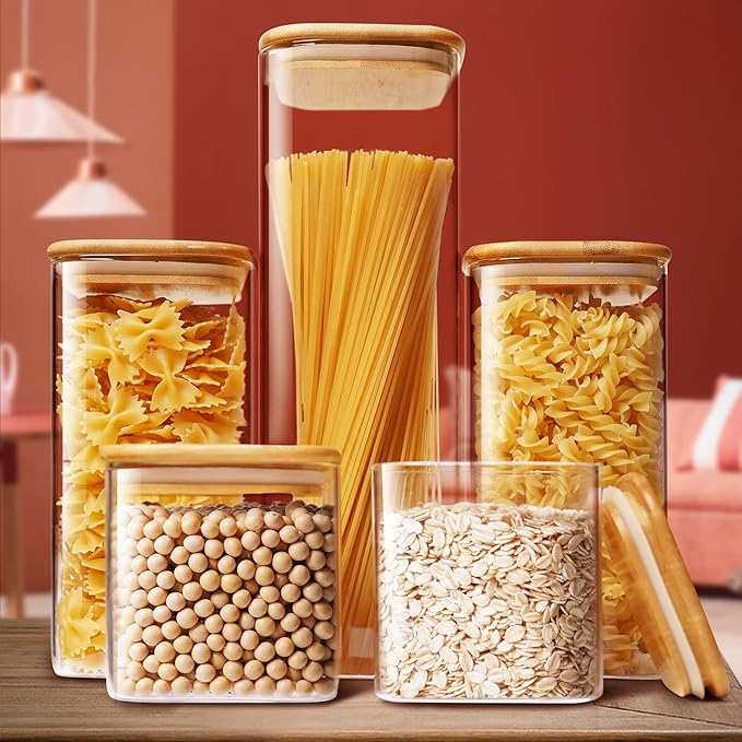 Square Glass Jars with Bamboo Lids – Mixed Set of 5