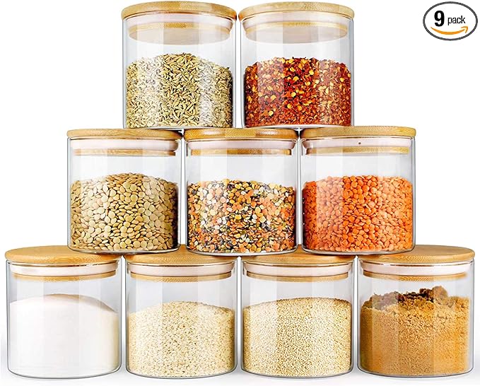 Glass Pantry Jar Set – 9 Pieces with Bamboo Lids