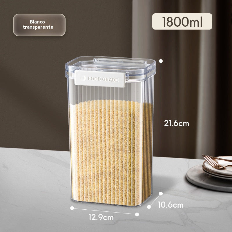 Clear storage container with beige contents on a gray surface, showing dimensions and brand label.