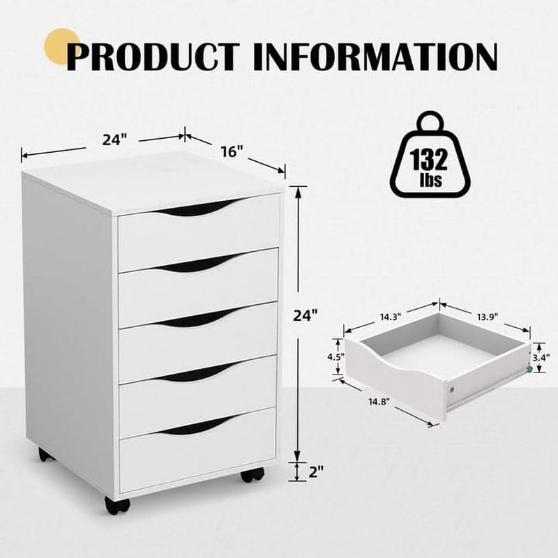 5-Drawer File Cabinet – White Home Office Storage