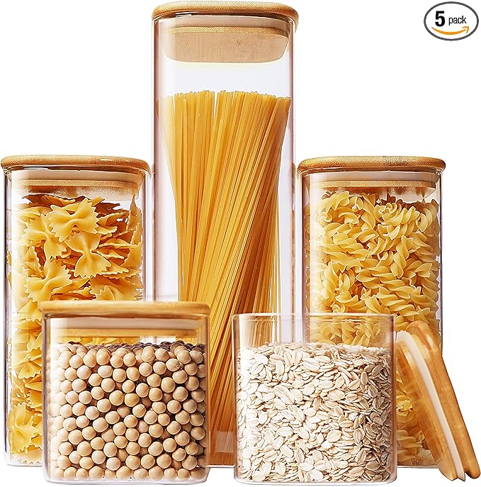 Square Glass Jars with Bamboo Lids – Mixed Set of 5