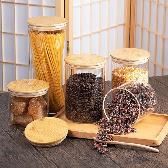 Glass Storage Jars with Bamboo Lids – Set of 5