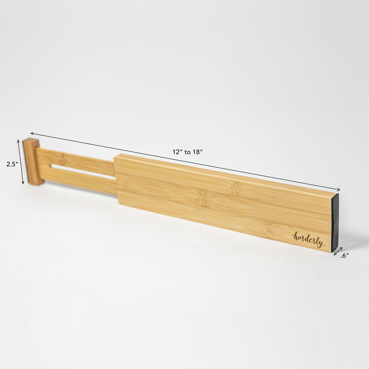 Bamboo desk organizer with dimensions on a white background