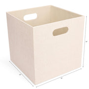 Beige storage cube with handles on a white background with the product's dimensions