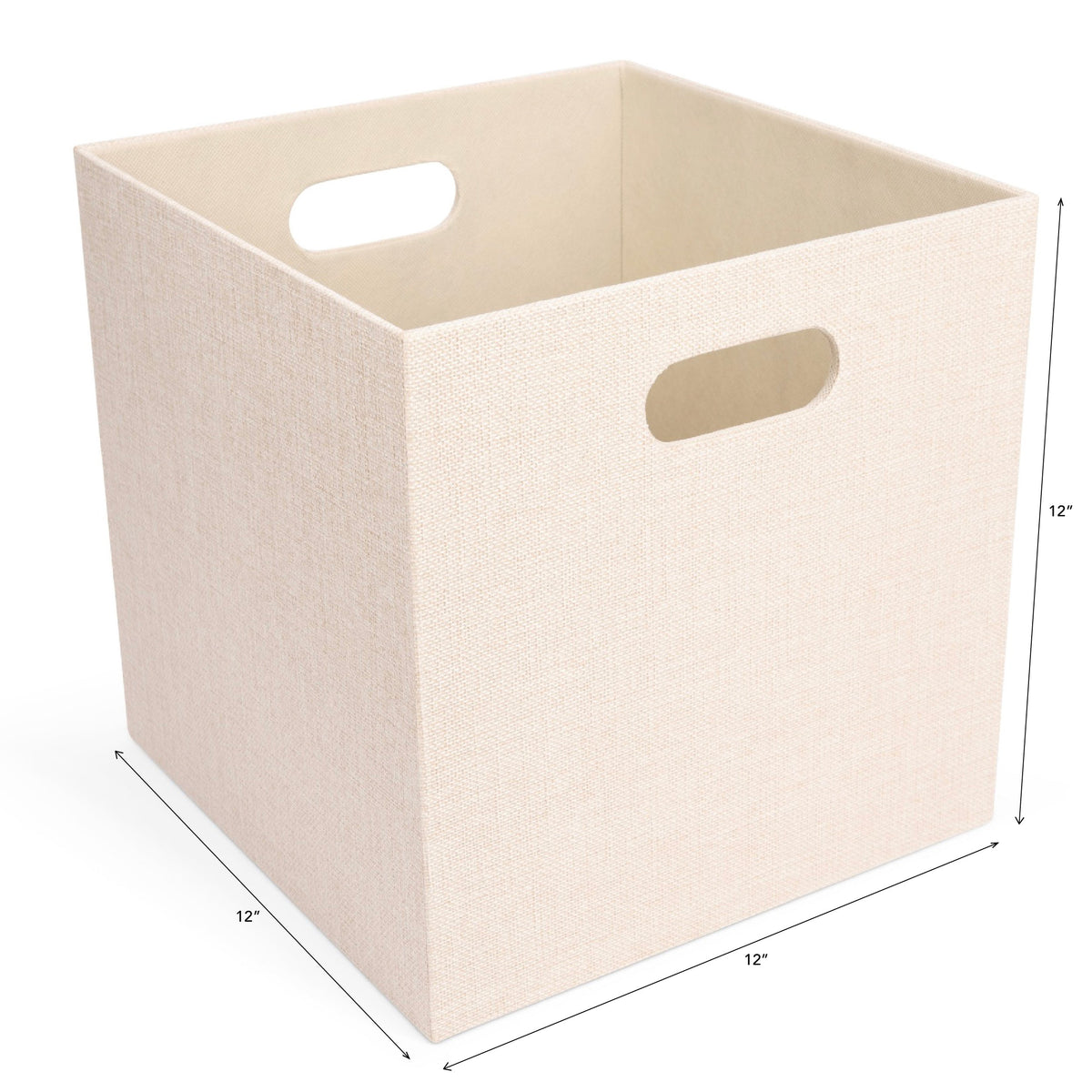 Beige storage cube with handles on a white background with the product's dimensions