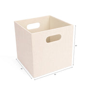 Beige storage cube with handles and dimensions on a white background