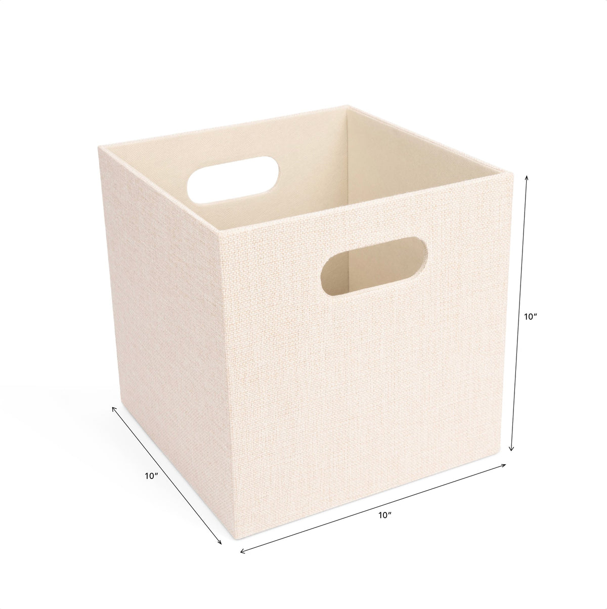 Beige storage cube with handles and dimensions on a white background