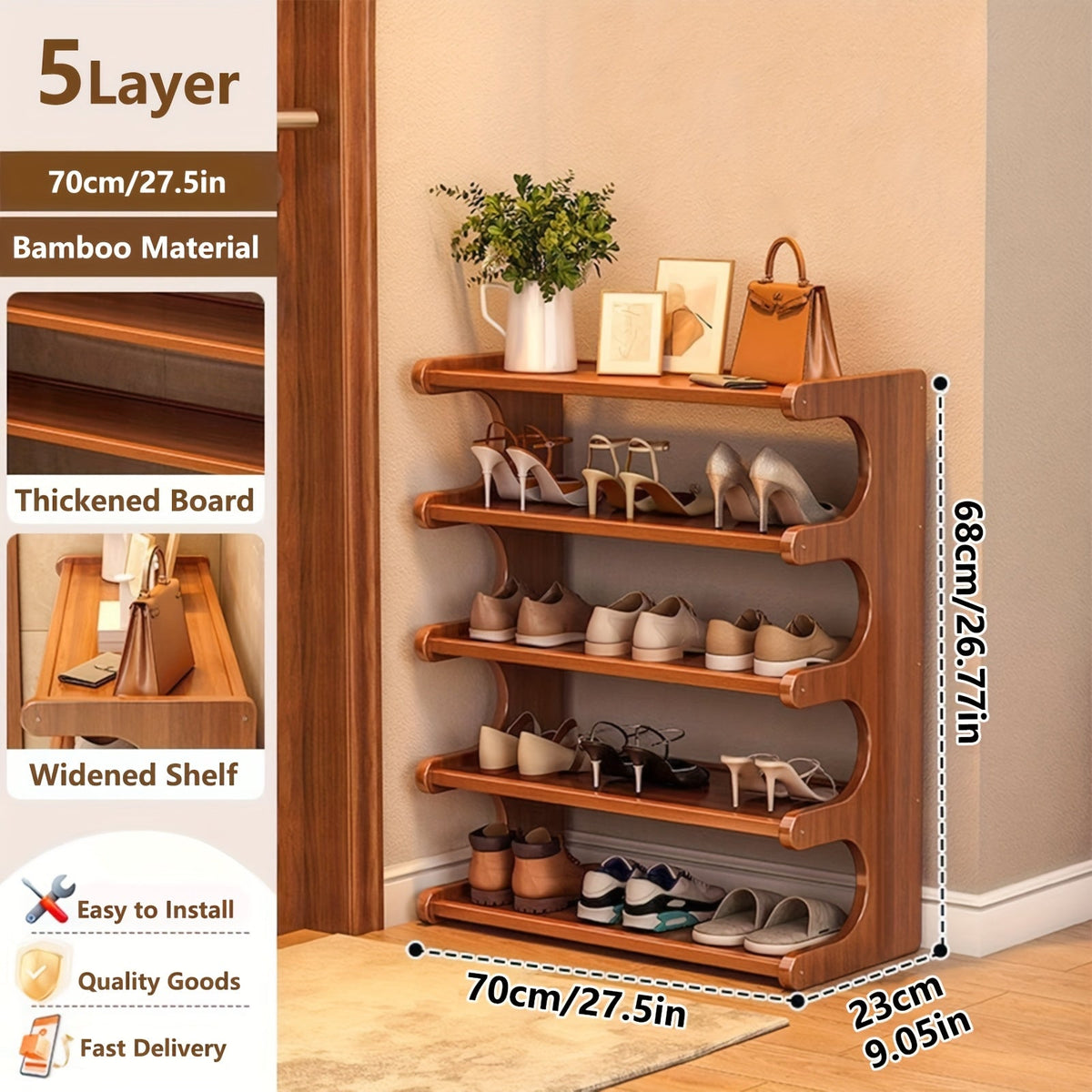 Wooden shoe rack with five shelves displaying shoes, measurements, and material details.