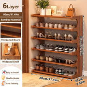 Wooden shoe rack with six layers, holding shoes and accessories, on a wooden floor.