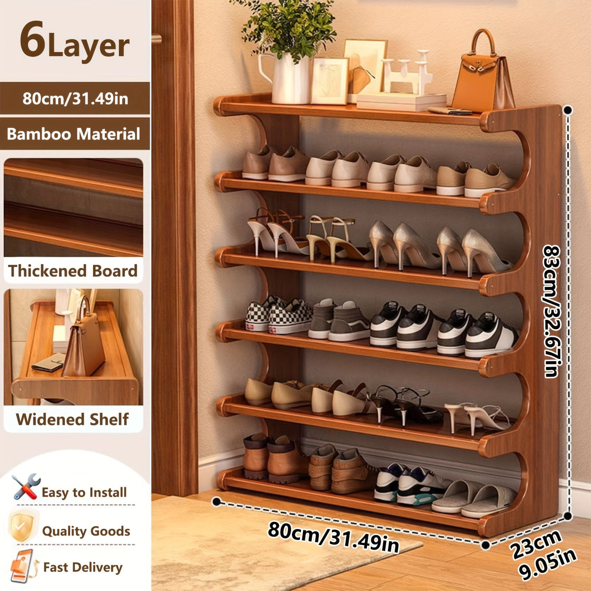 Wooden shoe rack with six layers, holding shoes and accessories, on a wooden floor.