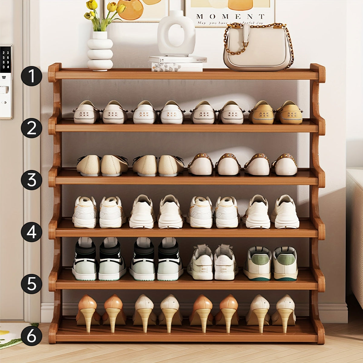 Wooden shoe rack with various shoes on shelves in a room setting.