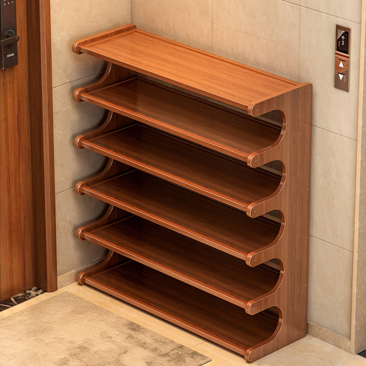 Wooden shoe rack with multiple shelves against a tiled wall.