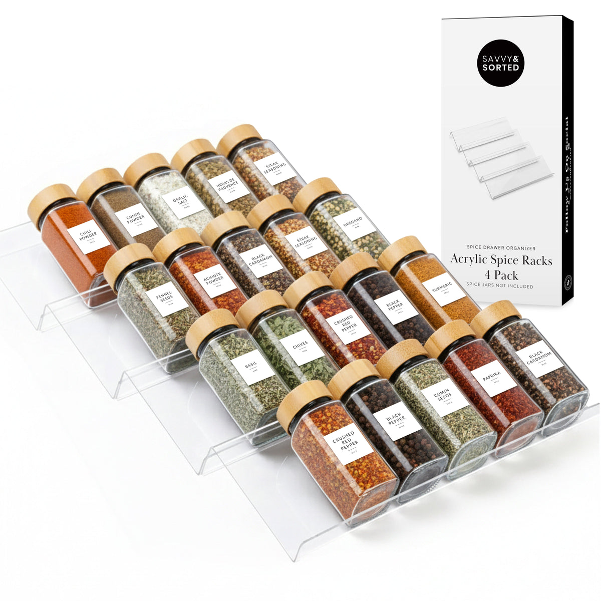 Set of acrylic spice racks with labeled jars on a white background, featuring the brand 'Savvy Sorted'.