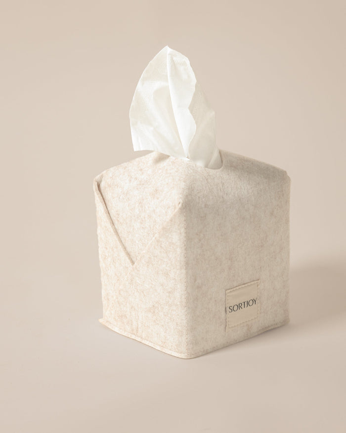 Beige tissue box cover with a white tissue on a beige background