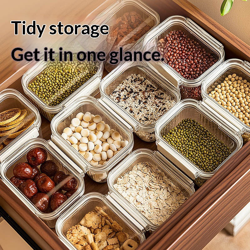 Containerized storage of various food items with text 'Tidy storage Get it in one glance.'