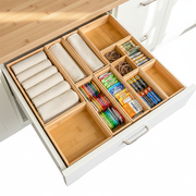 Bamboo Stackable Drawer Organizer lifestyle with snacks and towels inside; organized.