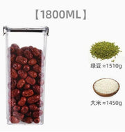 Clear container with red dates, green beans, and a bowl of white grains on a white background