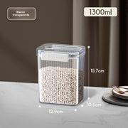 Clear storage container with white beads inside, showing dimensions on a neutral background