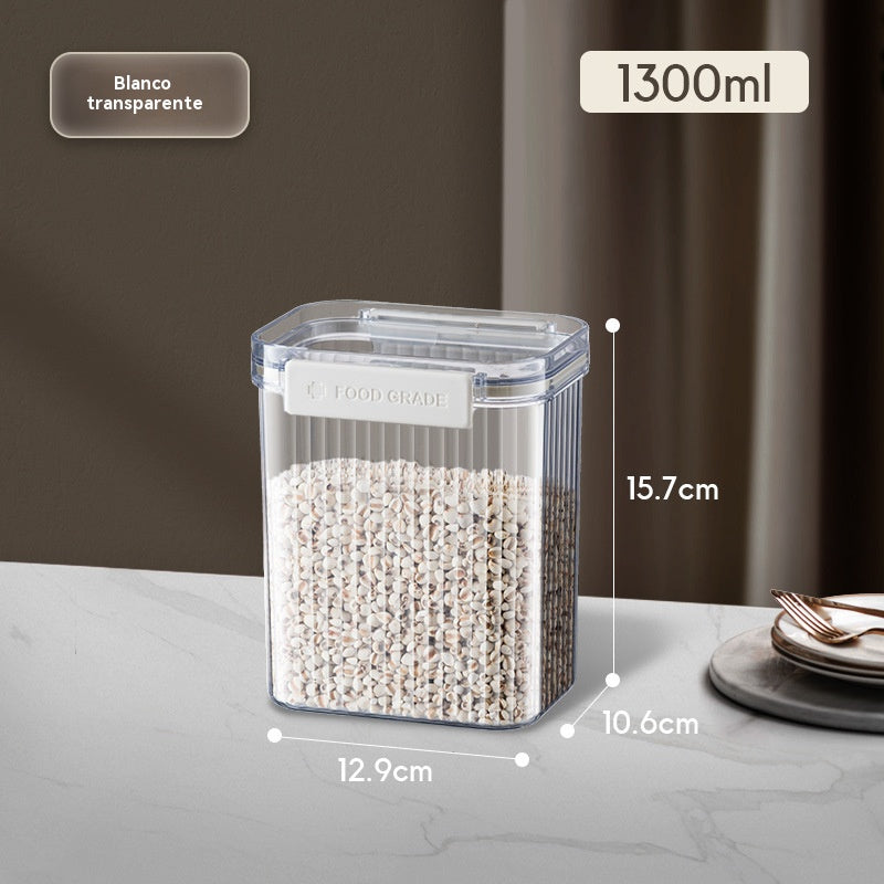 Clear storage container with white beads inside, showing dimensions on a neutral background