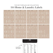 Collection of home and laundry labels with a checklist included, featuring the 'See Through Me Collection' branding.