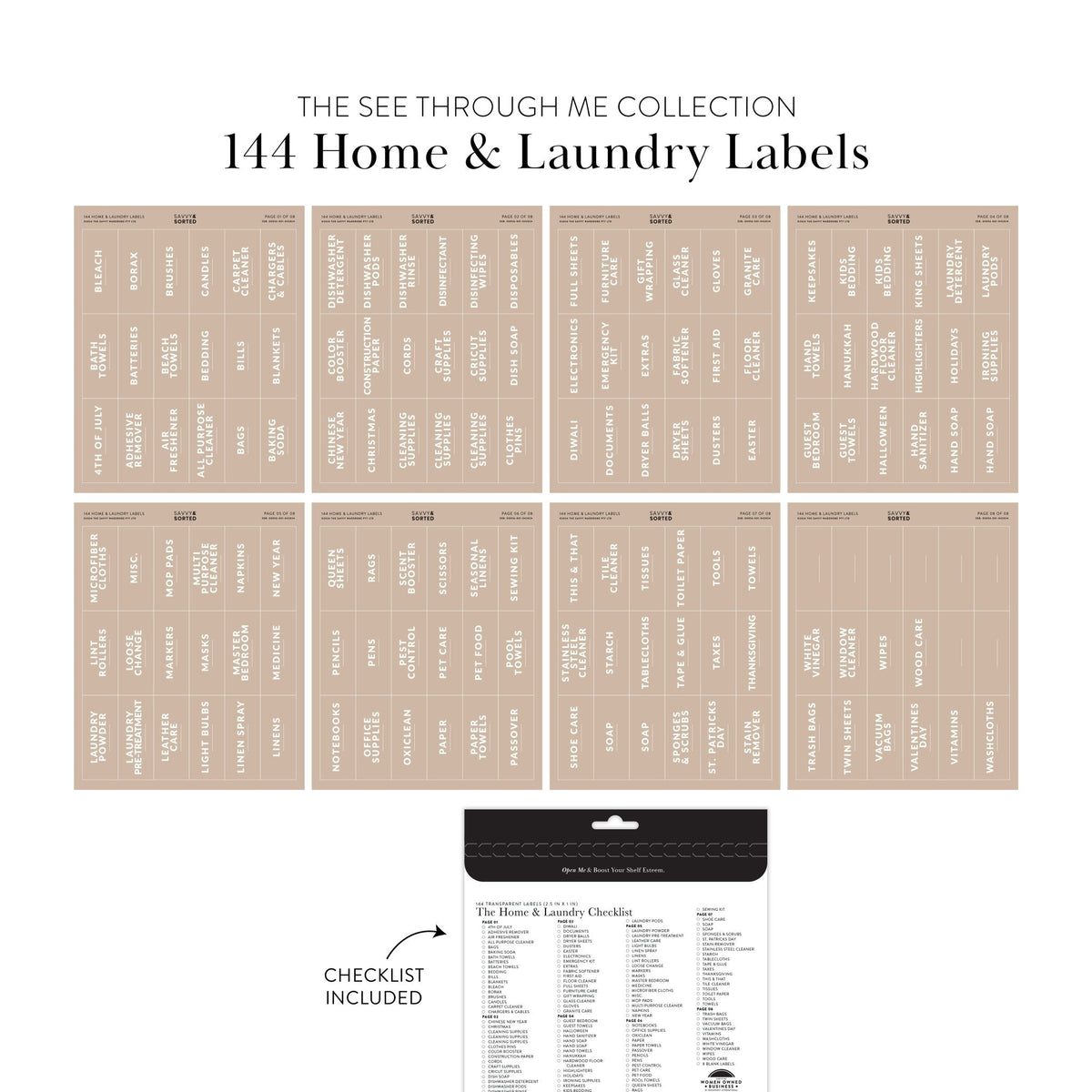 Collection of home and laundry labels with a checklist included, featuring the 'See Through Me Collection' branding.