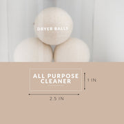Three dryer balls with dimensions and text indicating they are an all-purpose cleaner.
