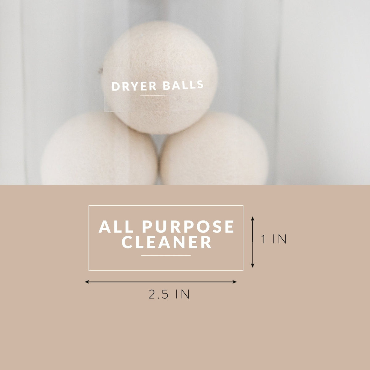 Three dryer balls with dimensions and text indicating they are an all-purpose cleaner.