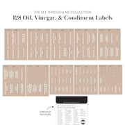 Collection of oil, vinegar, and condiment labels with a checklist on a white background.