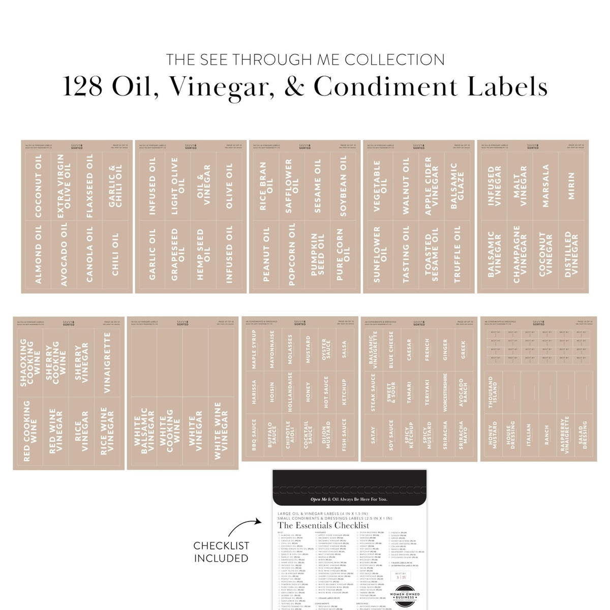 Collection of oil, vinegar, and condiment labels with a checklist on a white background.