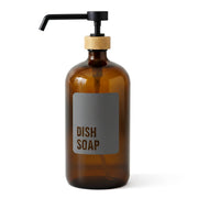 Brown dish soap bottle with pump and gray label on a white background