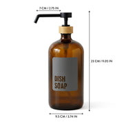 Brown dish soap bottle with measurements on a white background