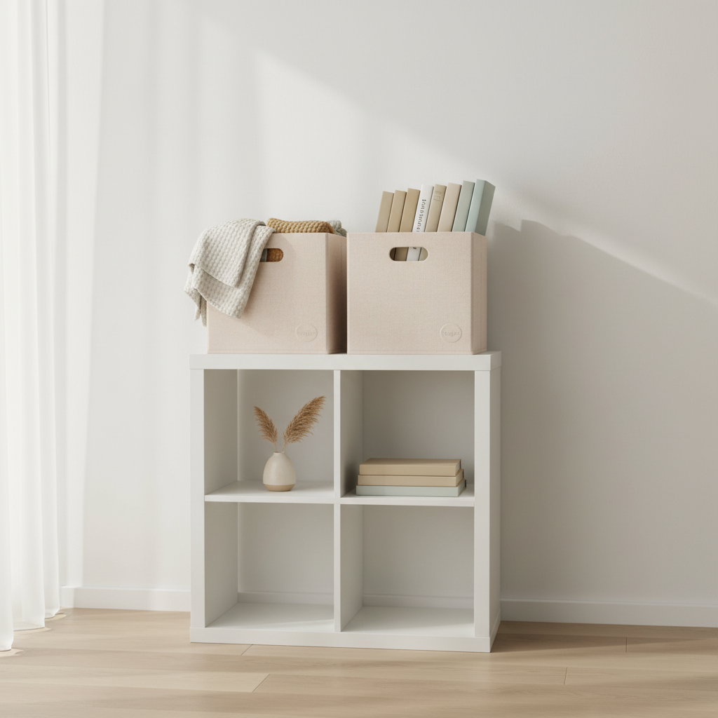 Fabric Cube Bins on shelf